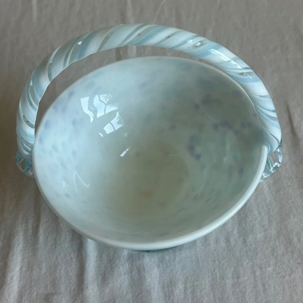Vintage Blue Confetti Art Glass Basket Twisted Handle Pedestal Hand Blown Bowl